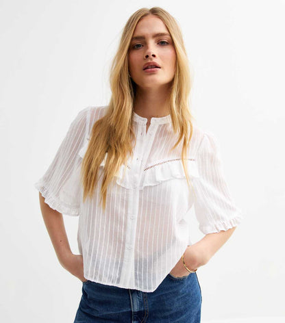 New Look White Semi-sheer Frill Trim Striped Shirt