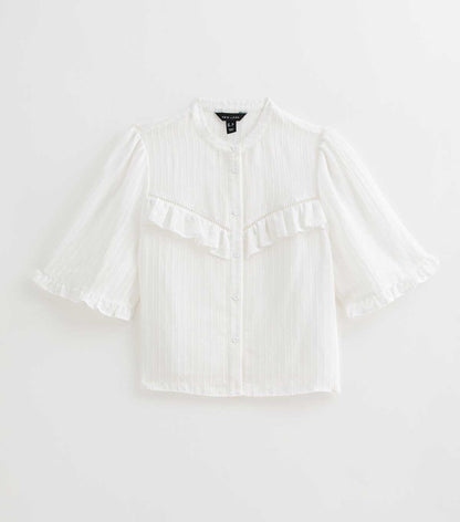 New Look White Semi-sheer Frill Trim Striped Shirt