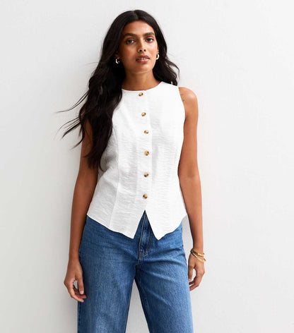 White Sleeveless Crew Neck Waistcoat