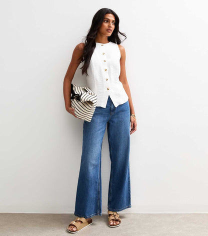 White Sleeveless Crew Neck Waistcoat