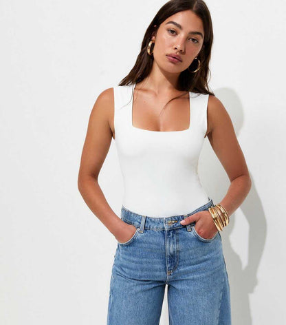 White Slinky Square Neck Sleeveless Bodysuit
