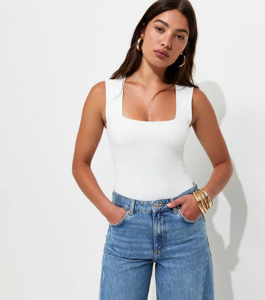 White Slinky Square Neck Sleeveless Bodysuit