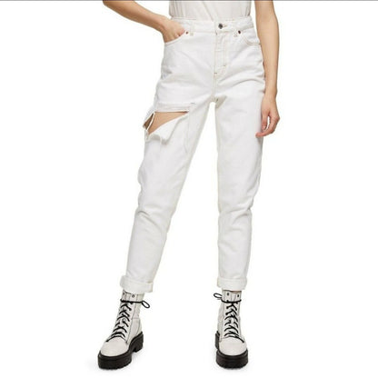 Mom Jeans With Rip In  Off White
