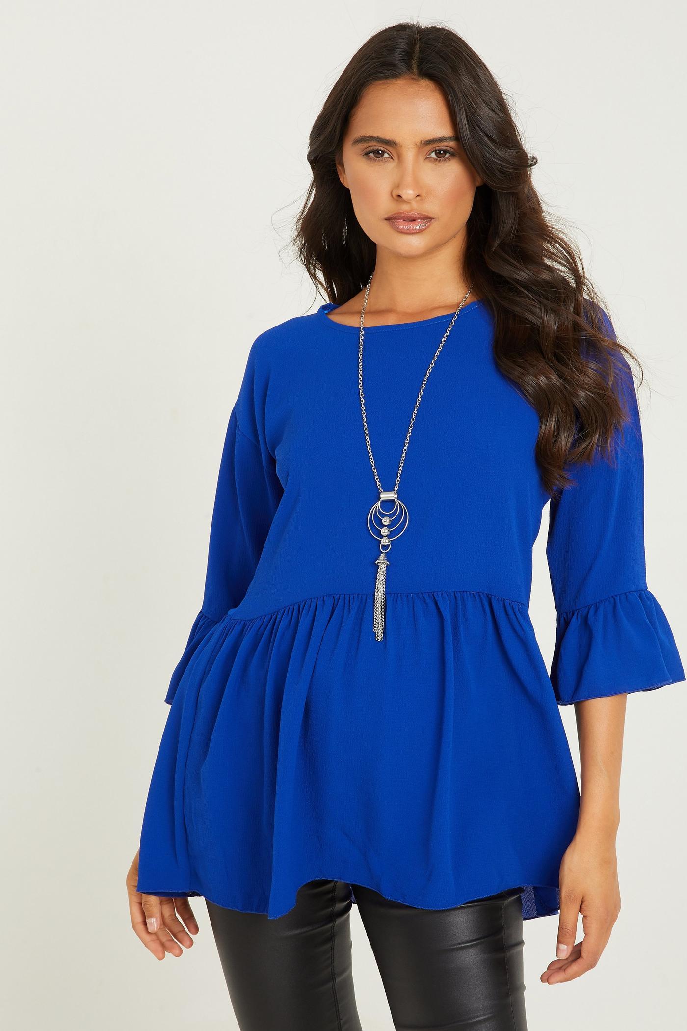 Blue Peplum Top with Necklace