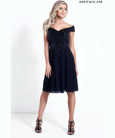 Sequin Bardot Dress Black