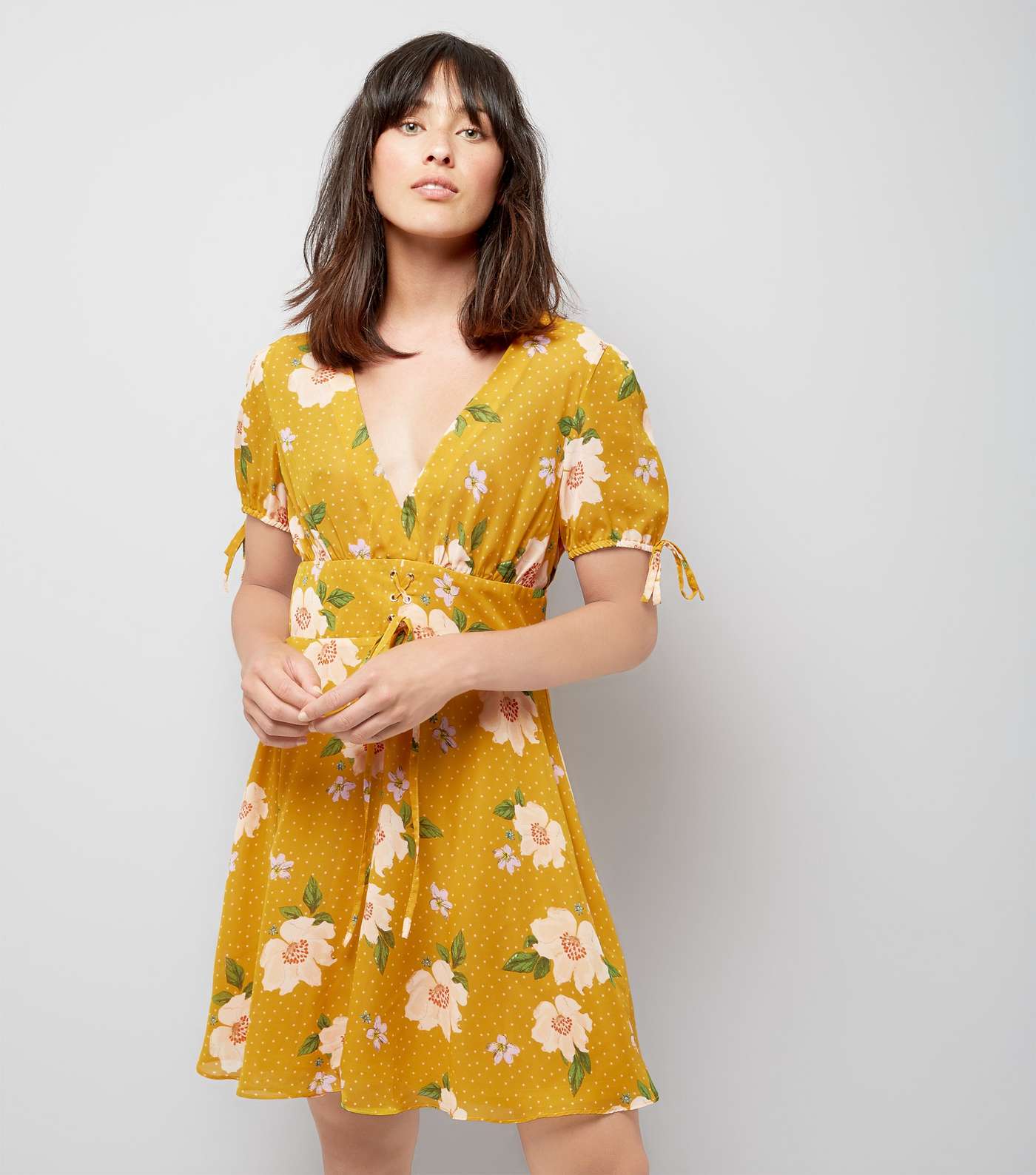 Yellow Floral Spot Print V Neck Dress