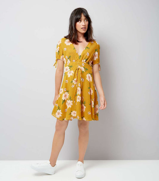 Yellow Floral Spot Print V Neck Dress