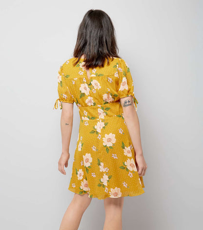 Yellow Floral Spot Print V Neck Dress