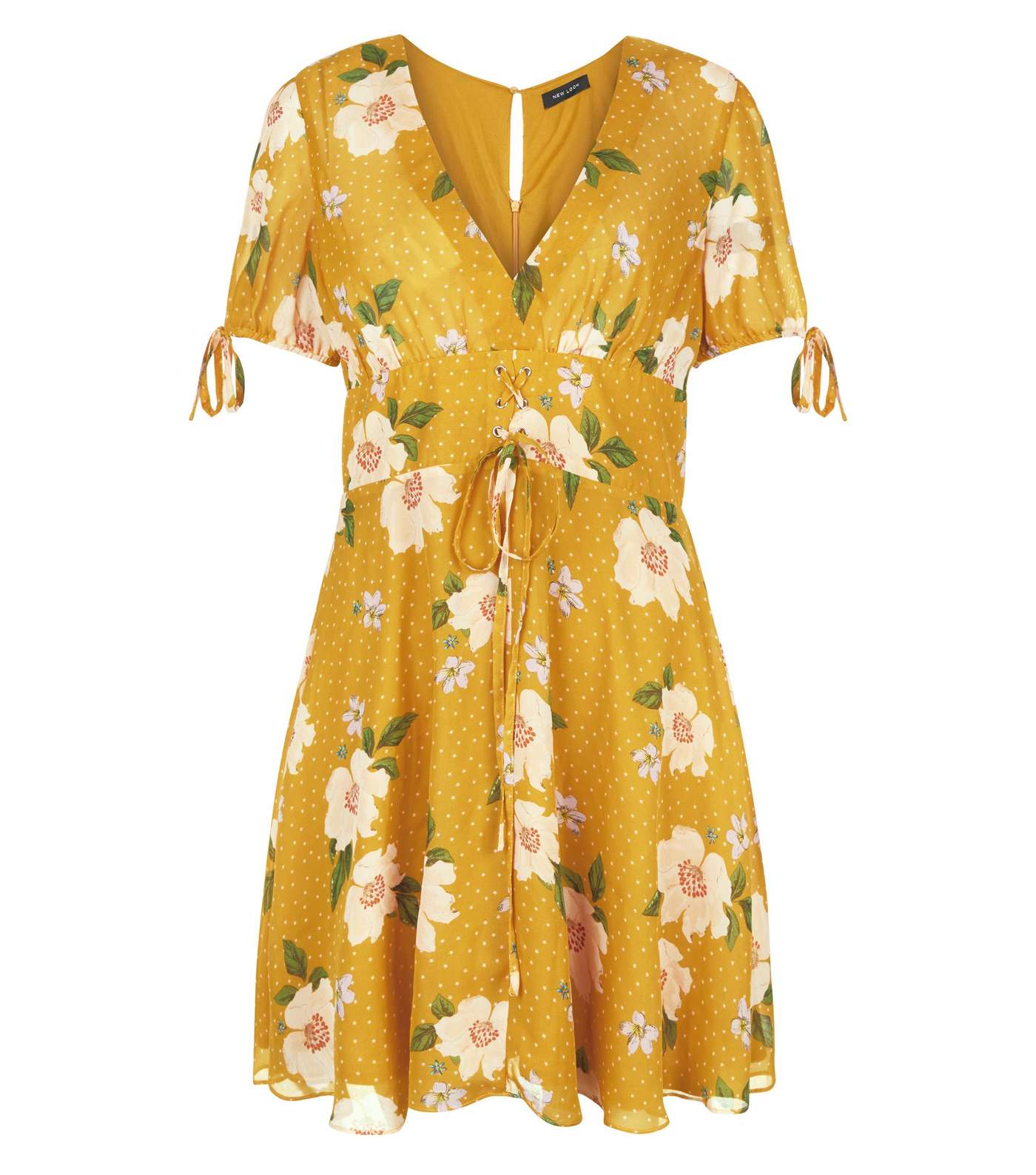 Yellow Floral Spot Print V Neck Dress