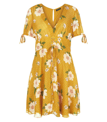 Yellow Floral Spot Print V Neck Dress