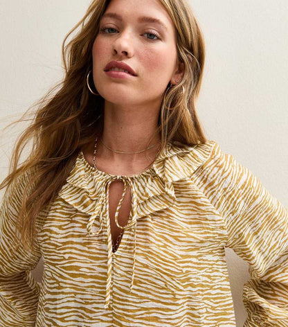 Yellow Zebra Print Frill Long Sleeve Blouse