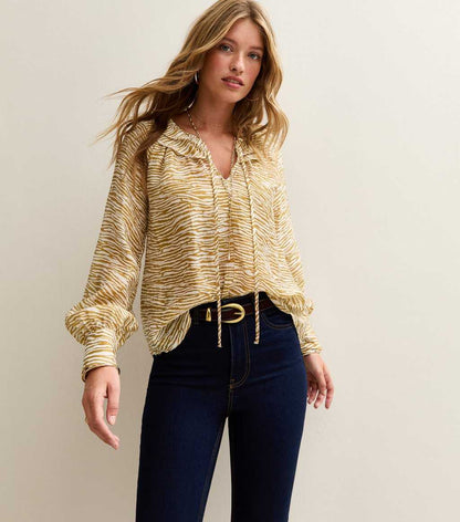 Yellow Zebra Print Frill Long Sleeve Blouse