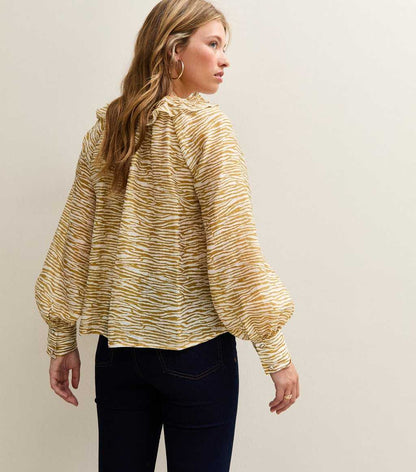 Yellow Zebra Print Frill Long Sleeve Blouse