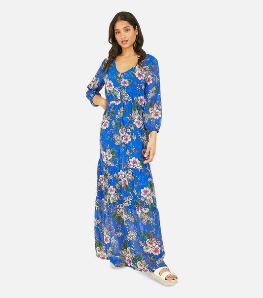 Blue Floral Button Front Tiered Maxi Dress