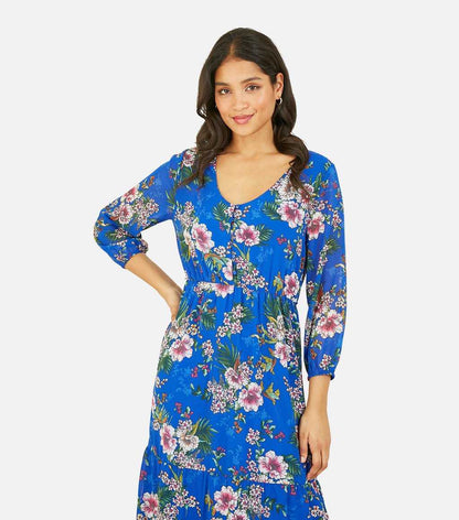Blue Floral Button Front Tiered Maxi Dress