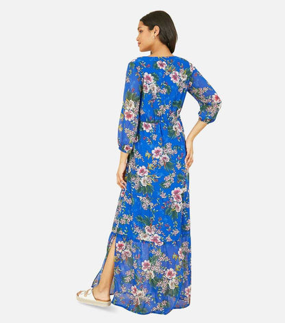 Blue Floral Button Front Tiered Maxi Dress