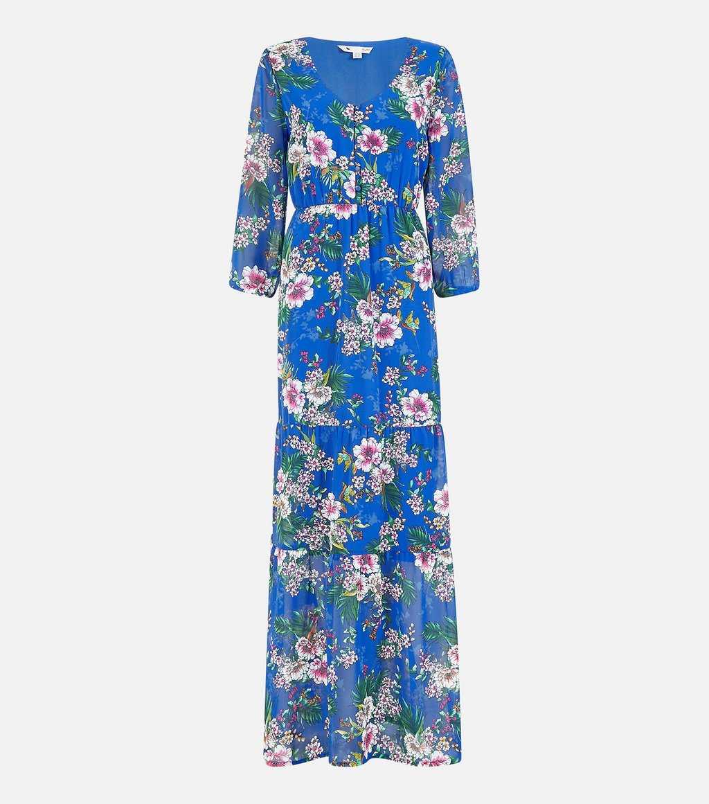 Blue Floral Button Front Tiered Maxi Dress