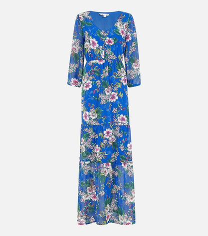 Blue Floral Button Front Tiered Maxi Dress
