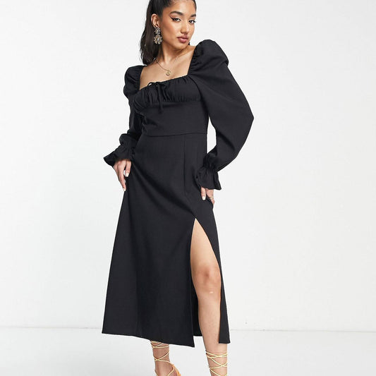 Midaxi Milkmaid Dress in Linen With Tie Bust Detail