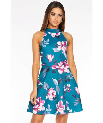 Teal Floral Print Skater Dress