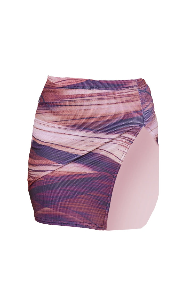 Rust Abstract Print Rib Split Front Mini Skirt