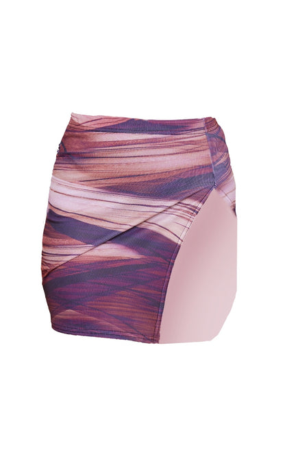 Rust Abstract Print Rib Split Front Mini Skirt