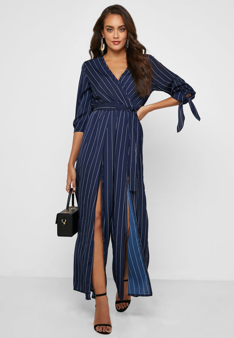 Striped Tie Waist Jumpsuit Navy