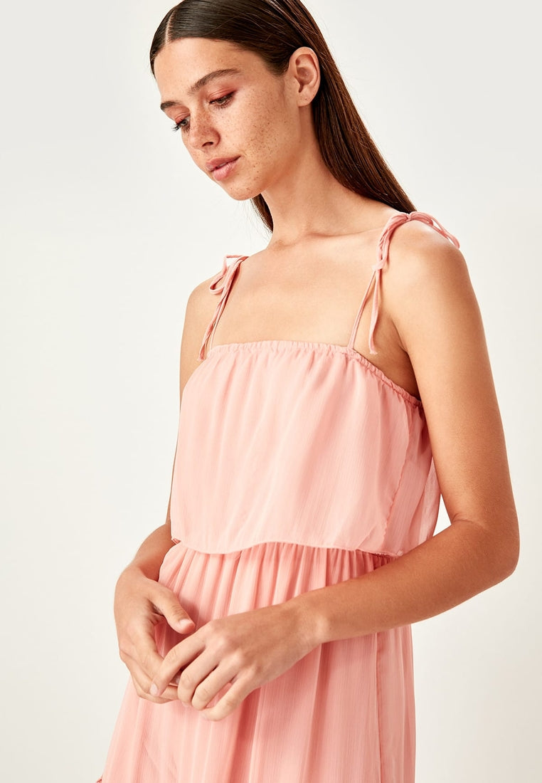 Tie Shoulder Pleated Dress Pink