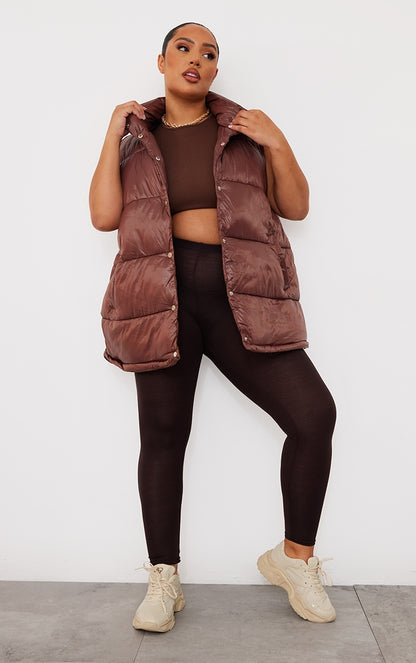 Plus Chocolate Detachable Sleeve And Hem Maxi Puffer Coat