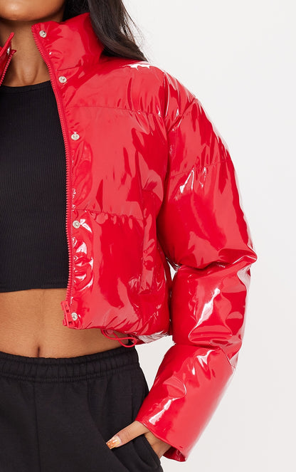 Red Vinyl Bubble Puffer Jacket