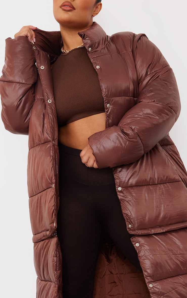 Plus Chocolate Detachable Sleeve And Hem Maxi Puffer Coat