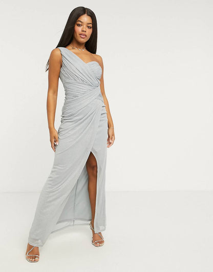 One Shoulder Shimmer Maxi Dress Cornflower Blue