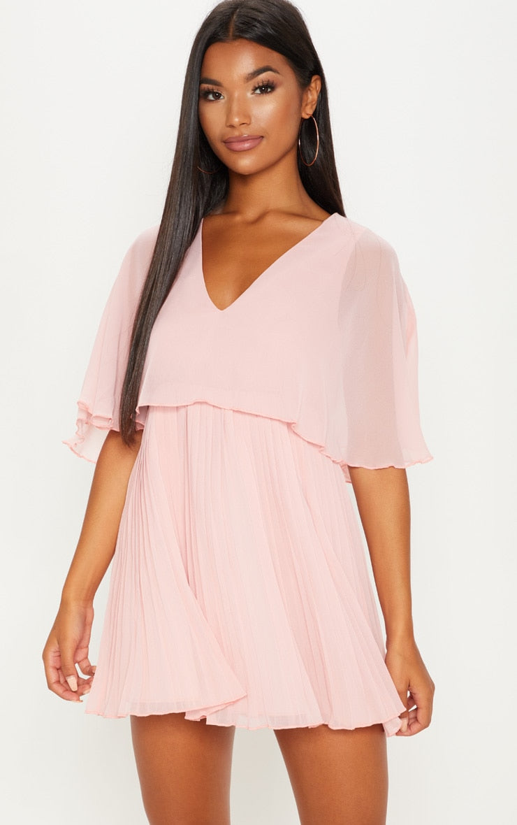 Dusty Pink Cape Pleated Detail Skater Dress