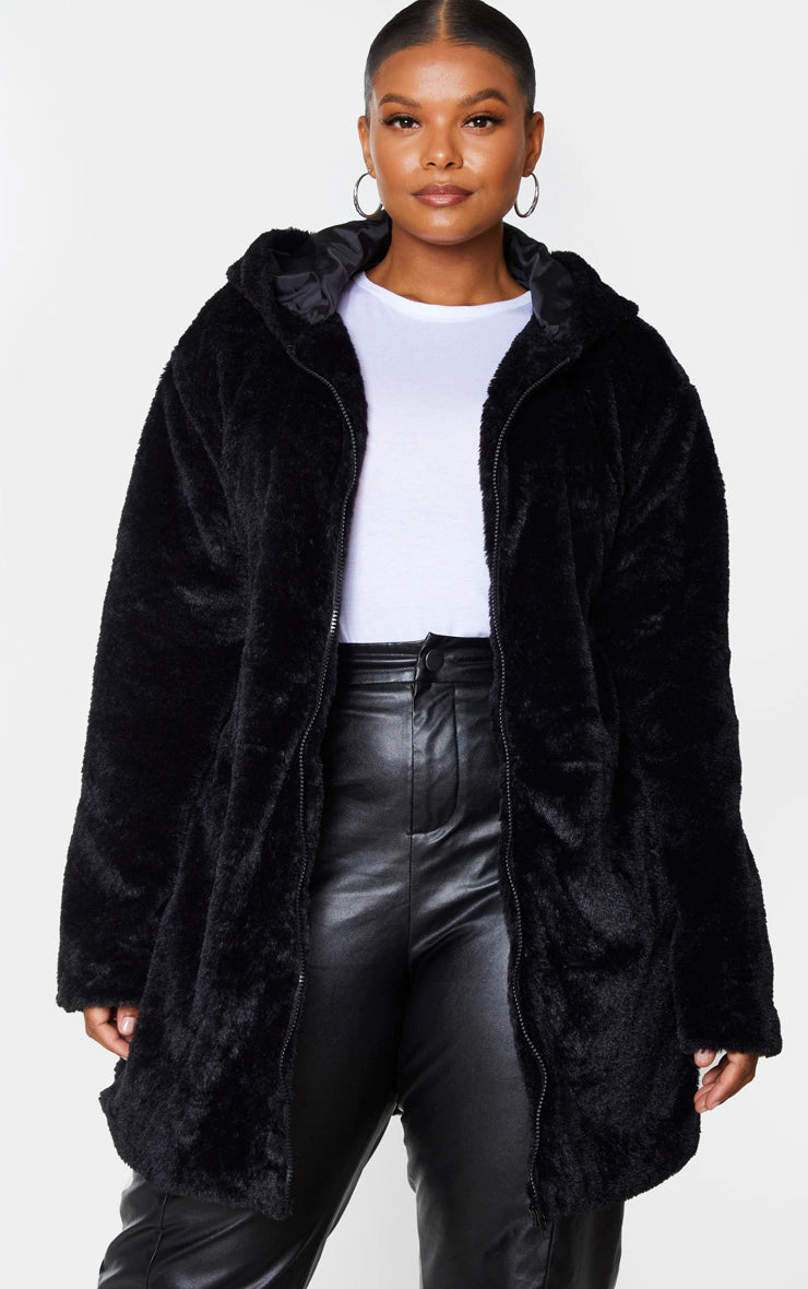 Plus Black Hooded Faux Fur Midi Coat