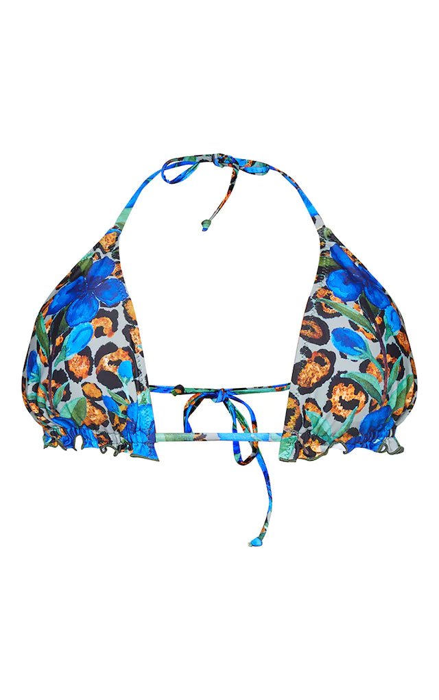 Blue Floral Animal Frill Edge Padded Bikini Top