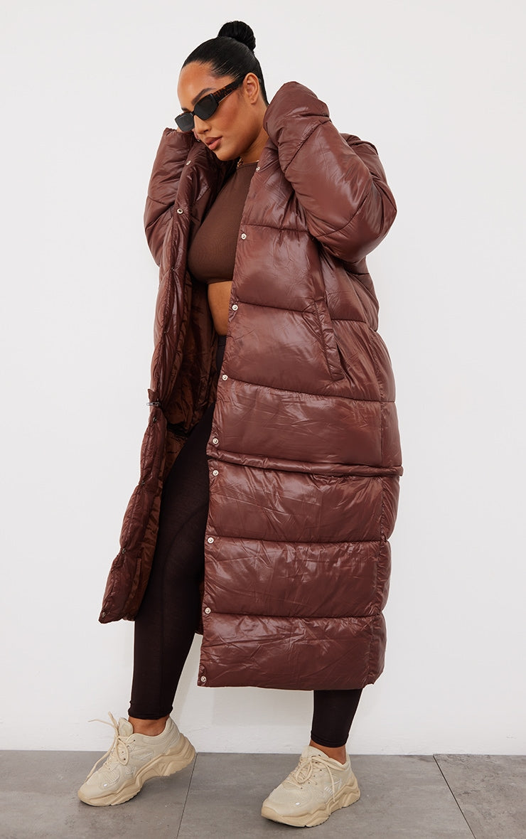 Plus Chocolate Detachable Sleeve And Hem Maxi Puffer Coat