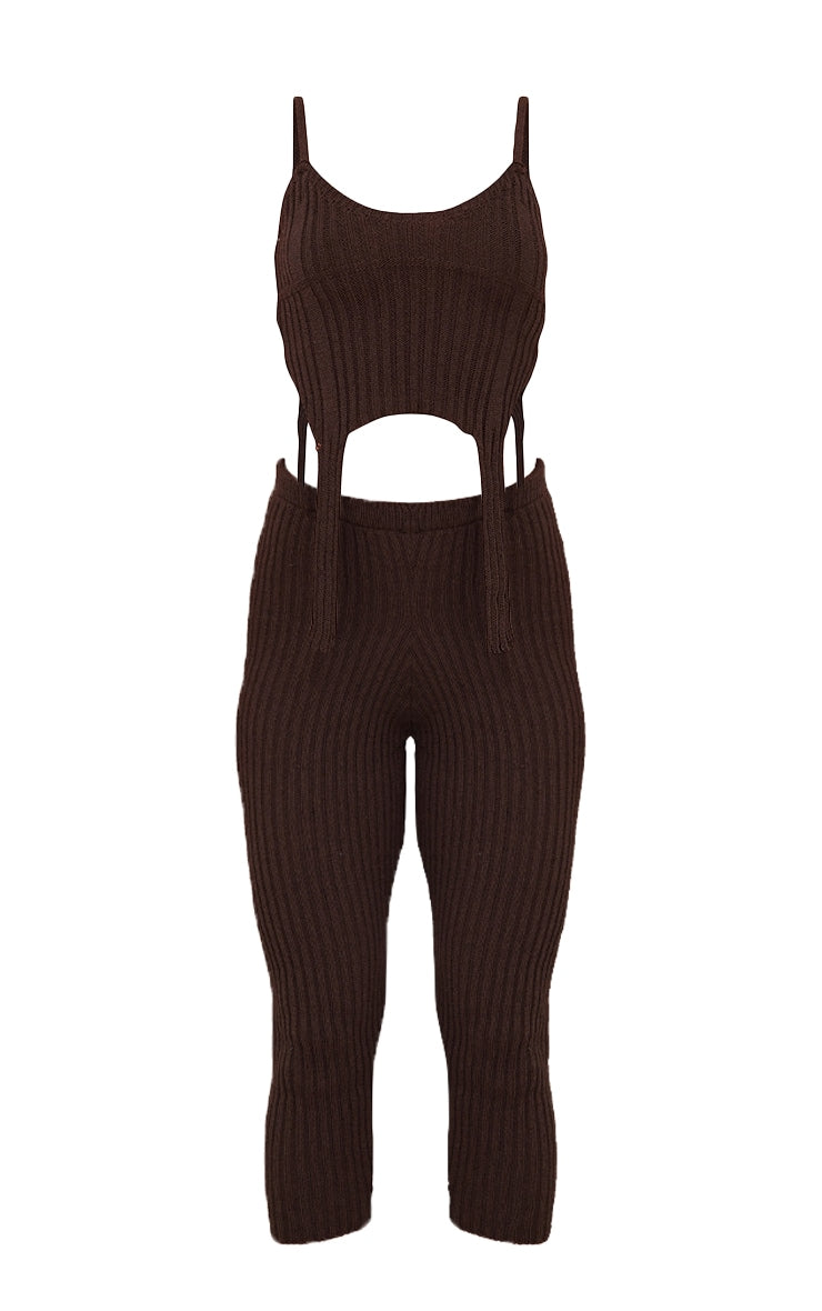 Chocolate Strap Detail Knit Top & Legging Set