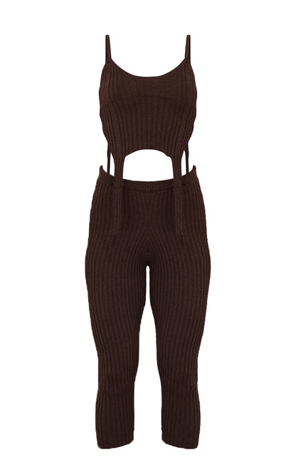 Chocolate Strap Detail Knit Top & Legging Set