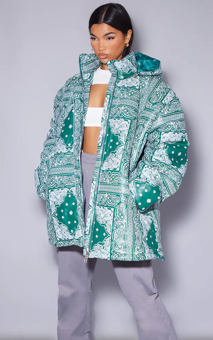 Green Unisex Paisley PU Extreme Oversized Puffer Coat