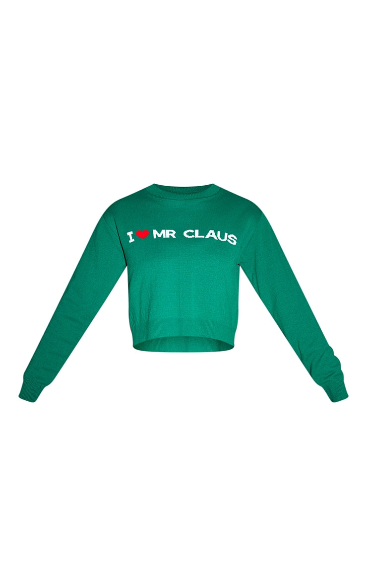 Green I Heart Mr Claus Cropped Christmas Sweater