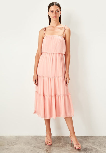 Tie Shoulder Pleated Dress Pink