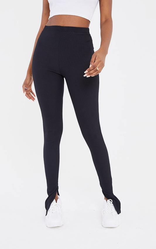 Tall Black Ribbed Split Hem Leggings