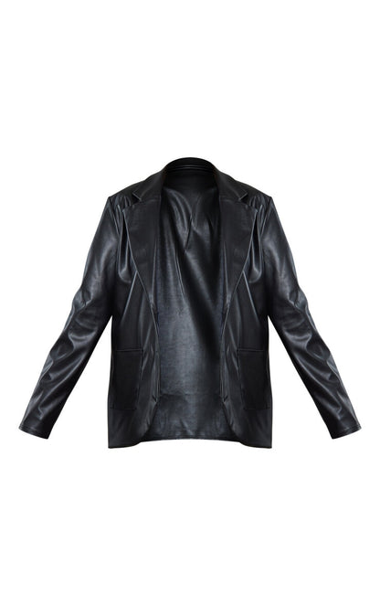 Black Basic Pocket Detail Curved Hem Faux Leather Blazer