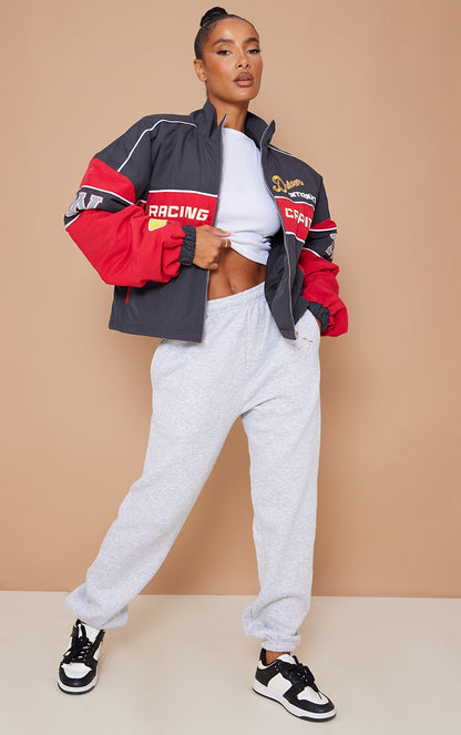 Red Oversized Slogan Zipped Racer Bomber