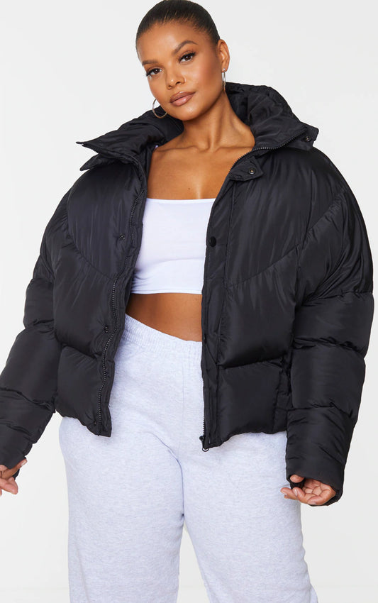Plus Black Nylon Oversized Curved Panel Wadded Puffer Jacket