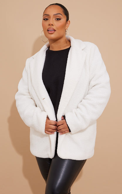 Plus Cream Borg Oversized Blazer