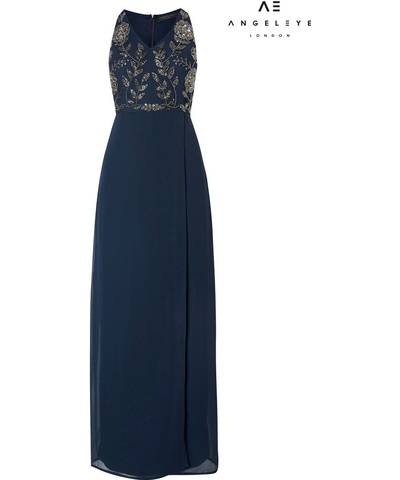 V-Neck Embroidered Maxi Dress Teal Blue