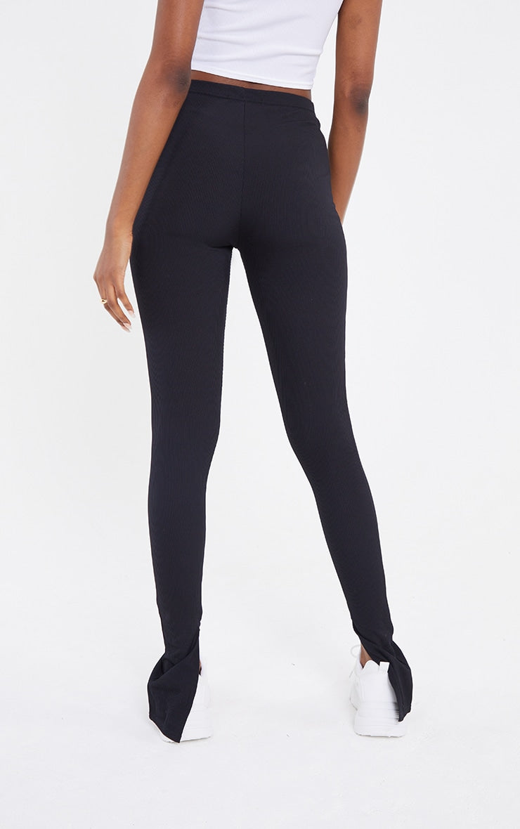 Tall Black Ribbed Split Hem Leggings