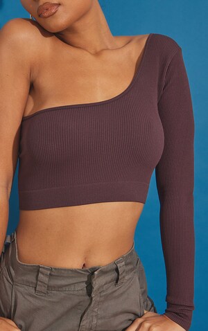 Aubergine Contour Rib One Shoulder Band Crop Top