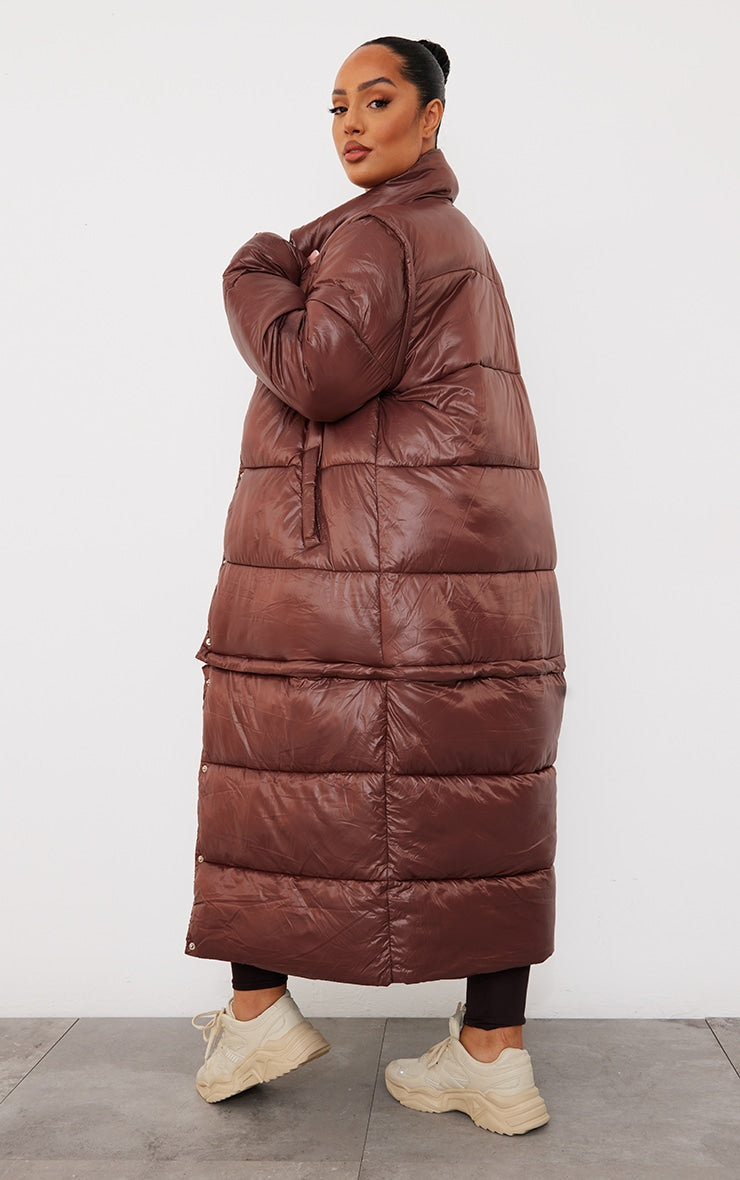 Plus Chocolate Detachable Sleeve And Hem Maxi Puffer Coat